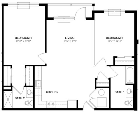 A black and white image of a floor plan for a two bedroom apartment.